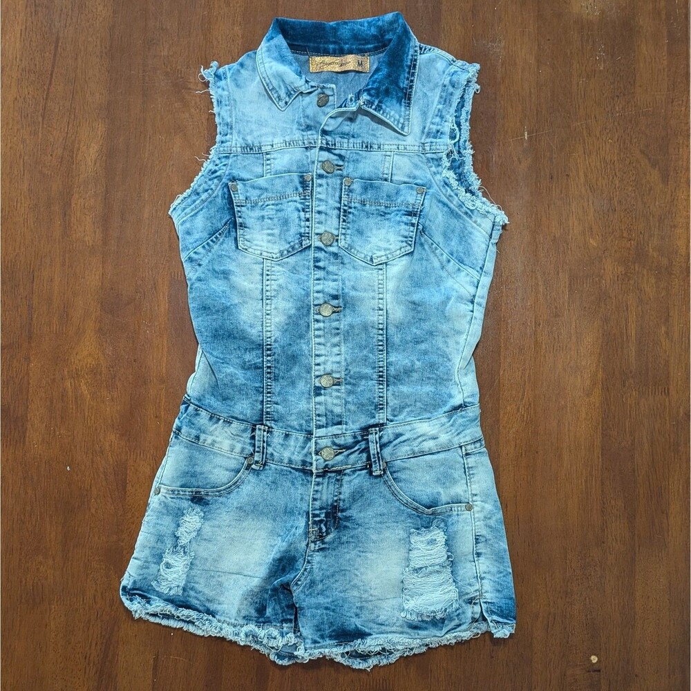 Angelus Juniors Denim Romper Size M Sleeveless Acid Wash Distressed Jean Shorts